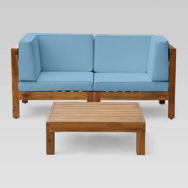 Brava 3pc Acacia Modular Loveseat And Table Set Teak blue Christopher Knight Home