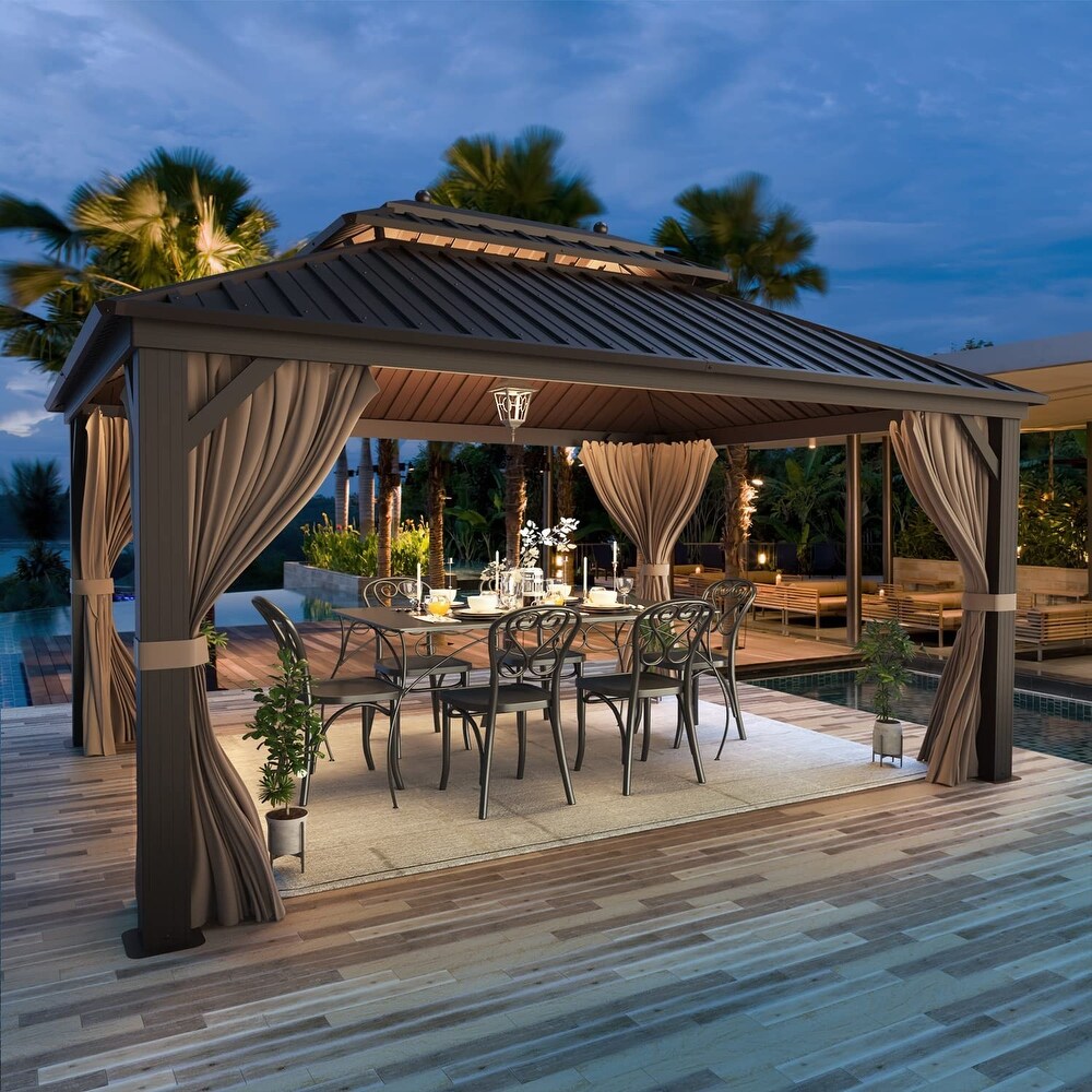 Outdoor Galvanized Steel Hardtop Patio Gazebo Pergola w/Aluminum Frame  Prime Curtains and nettings include