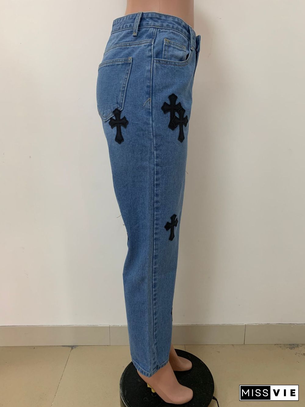 Zipper Embroidery Straight Jeans