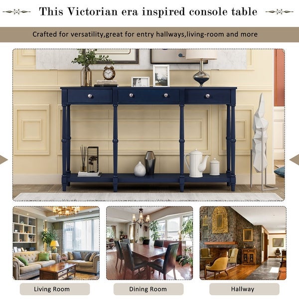 Victorian Solid Wood Console Table w/3 Drawers and Storage Shelf(Navy)