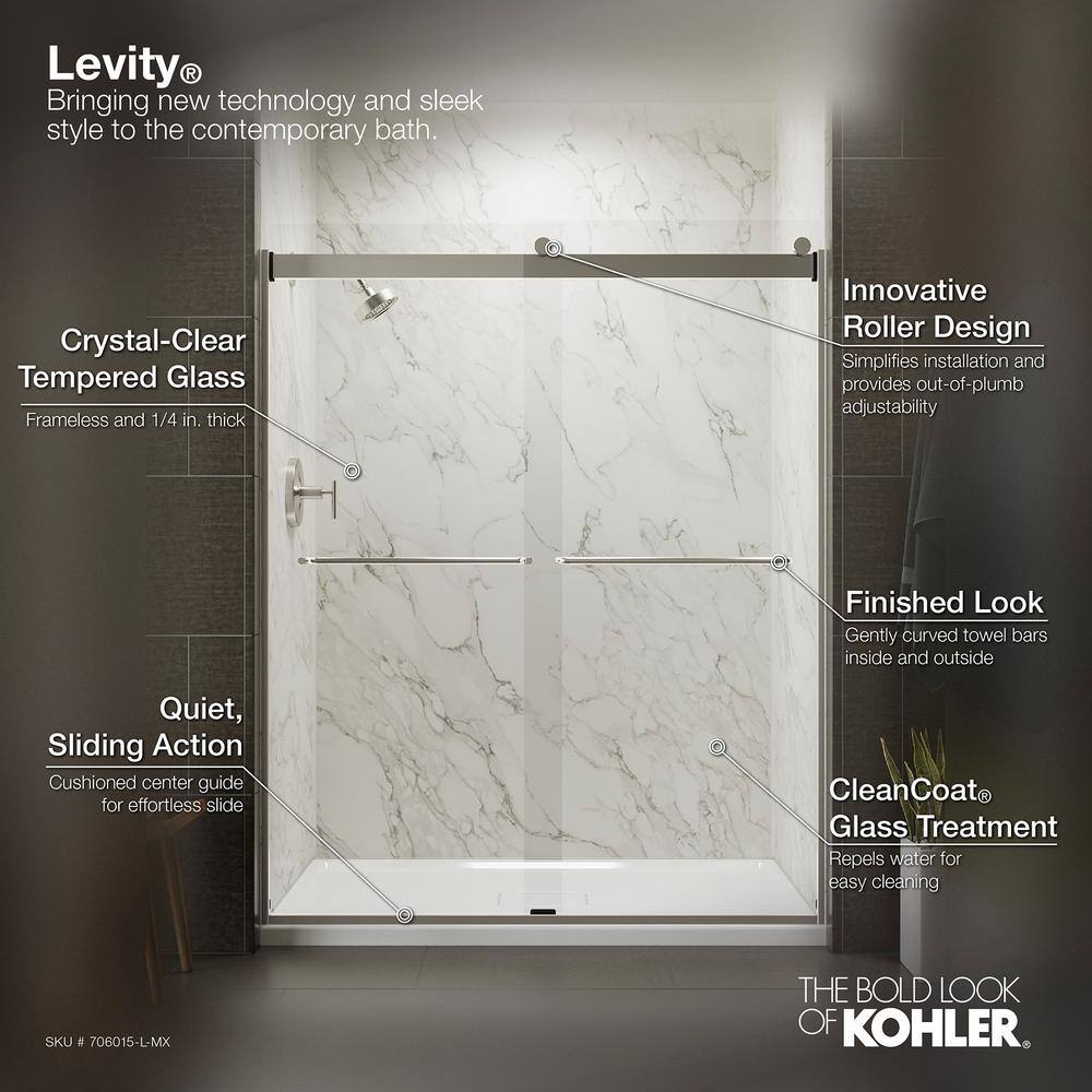 KOHLER Levity 59.625 in. W x 74 in. H Frameless Sliding Shower Door in Matte Nickel with Towel Bar K-706015-L-MX