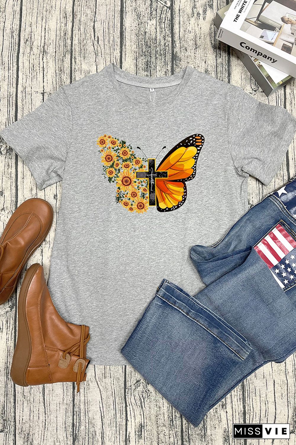 Butterfly Print Short Sleeve Graphic Tee Wholesale