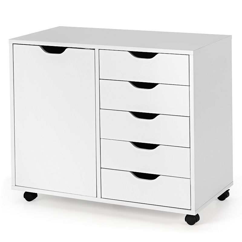 5-Drawer Dresser Chest Mobile Storage Cabinet with Door-White