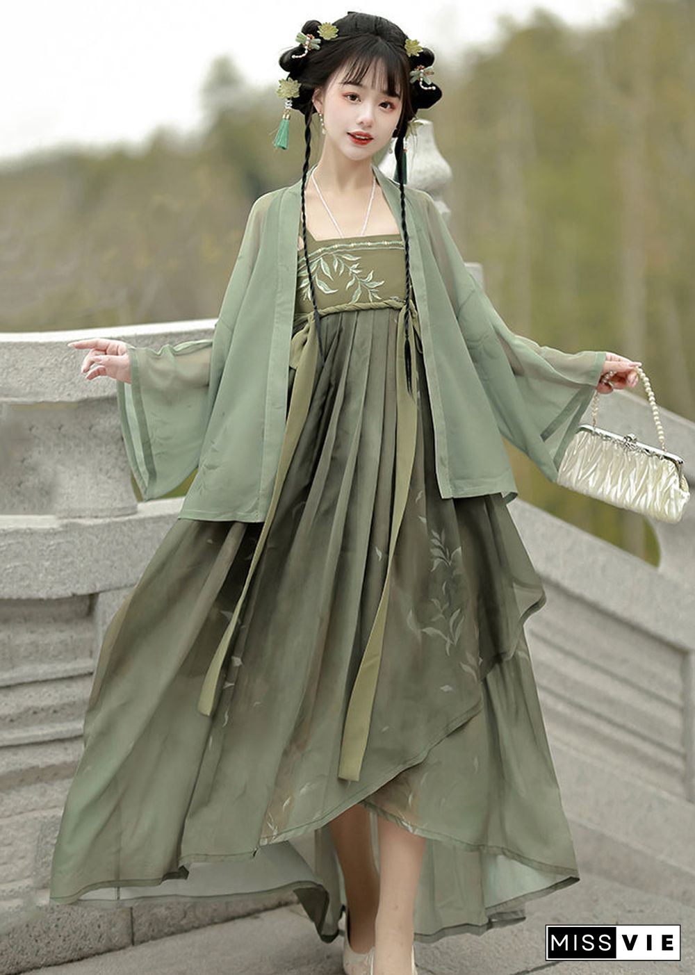 Women Green Embroideried Tops And Spaghetti Strap Dress Two Pieces Set Fall