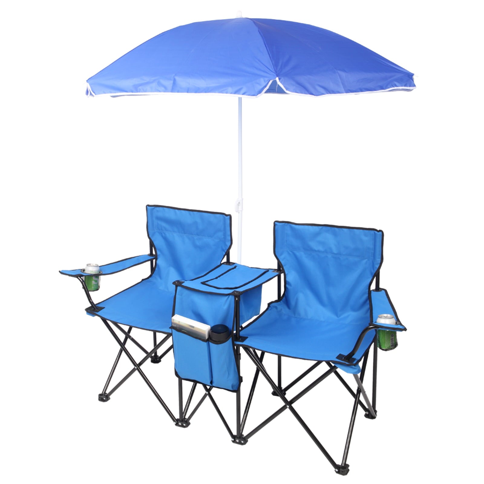 Arttoreal Double Beach Chair with Removable Umbrella Canopy，Portable Folding Beach Chair for Oudoor，Camping and Picnic，Blue