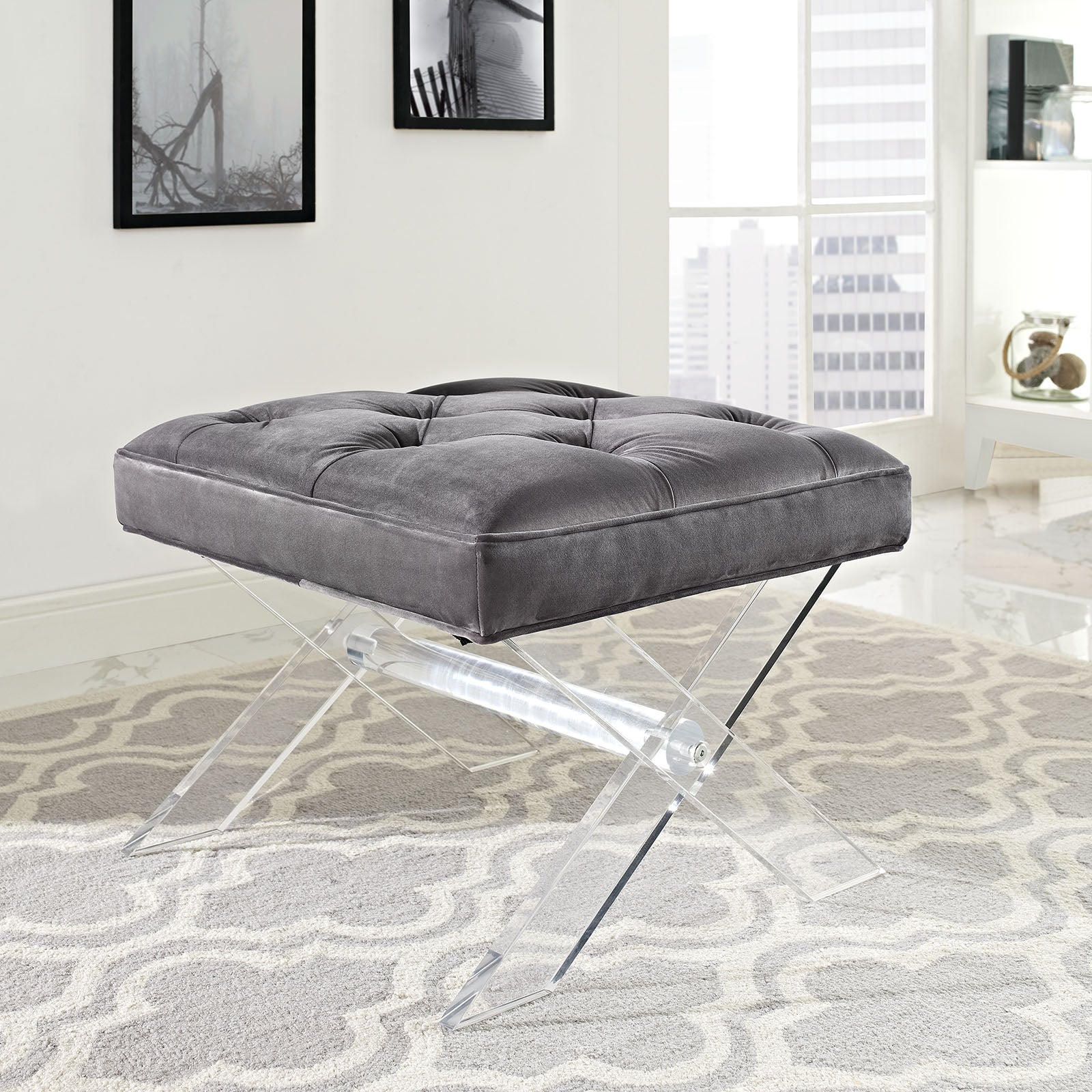 Modern Contemporary Urban Design Bedroom Living Room Bench, Grey Gray, Fabric Plastic