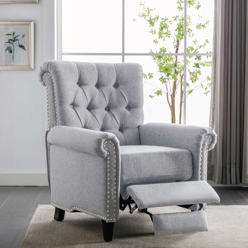 Pushback Linen Tufted Recliner Single Sofa with Nailheads Roll Arm