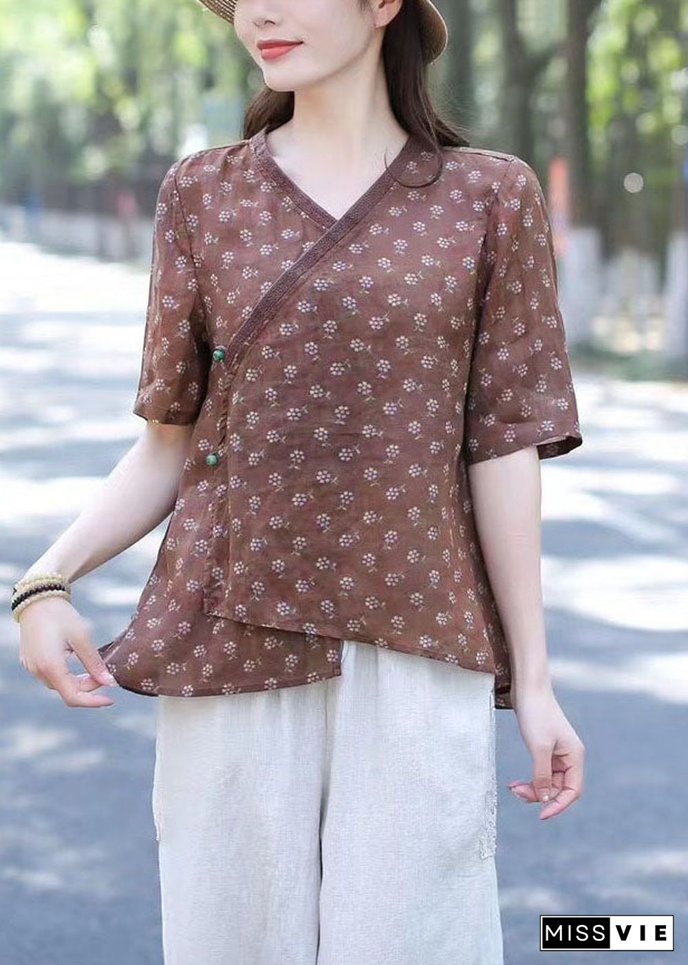 Women Green V Neck Print Patchwork Linen Blouses Summer