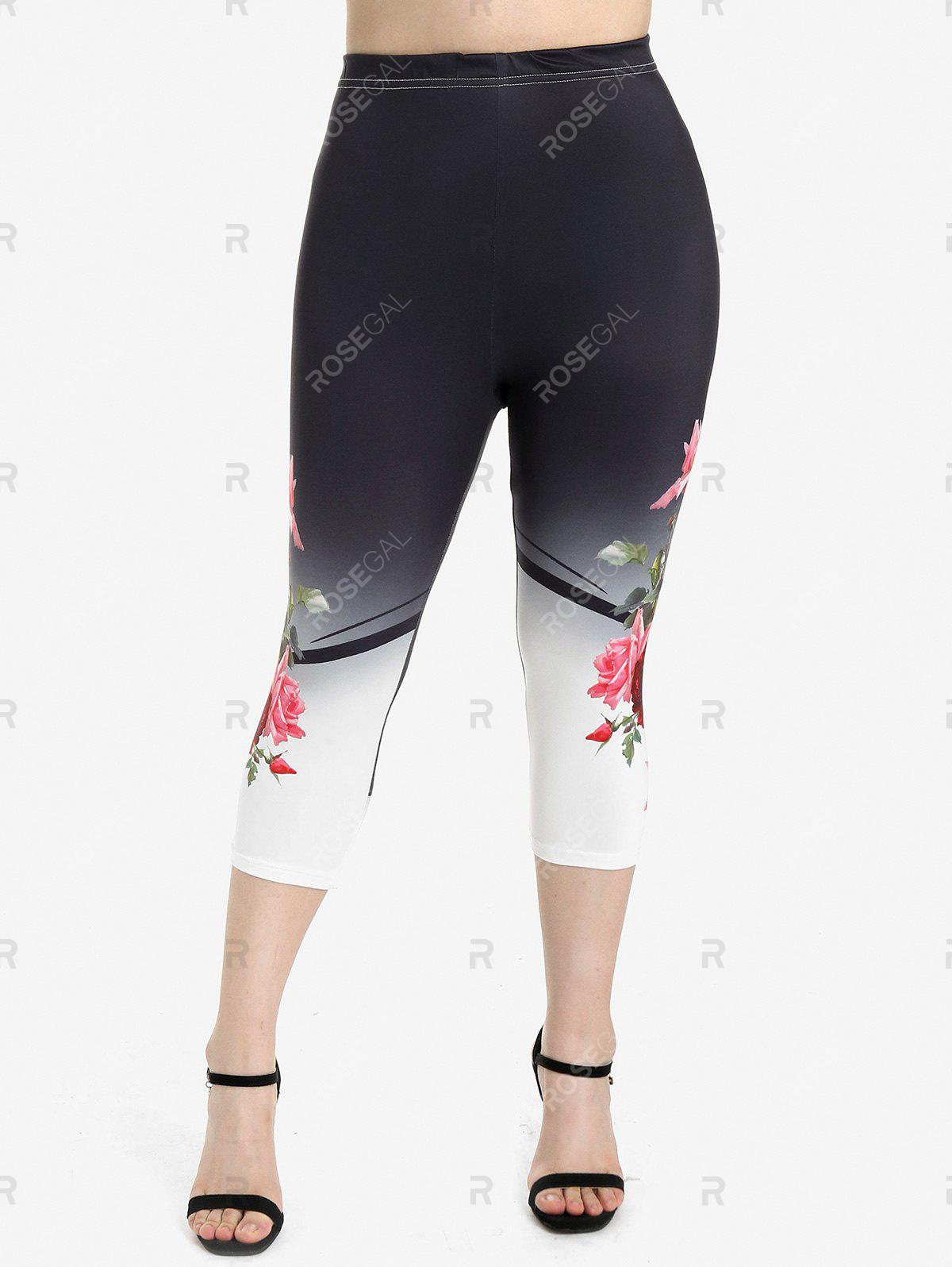 Rose Print Colorblock T-shirt and High Waist Rose Print Colorblock Capri Leggings Plus Size Summer Outfit