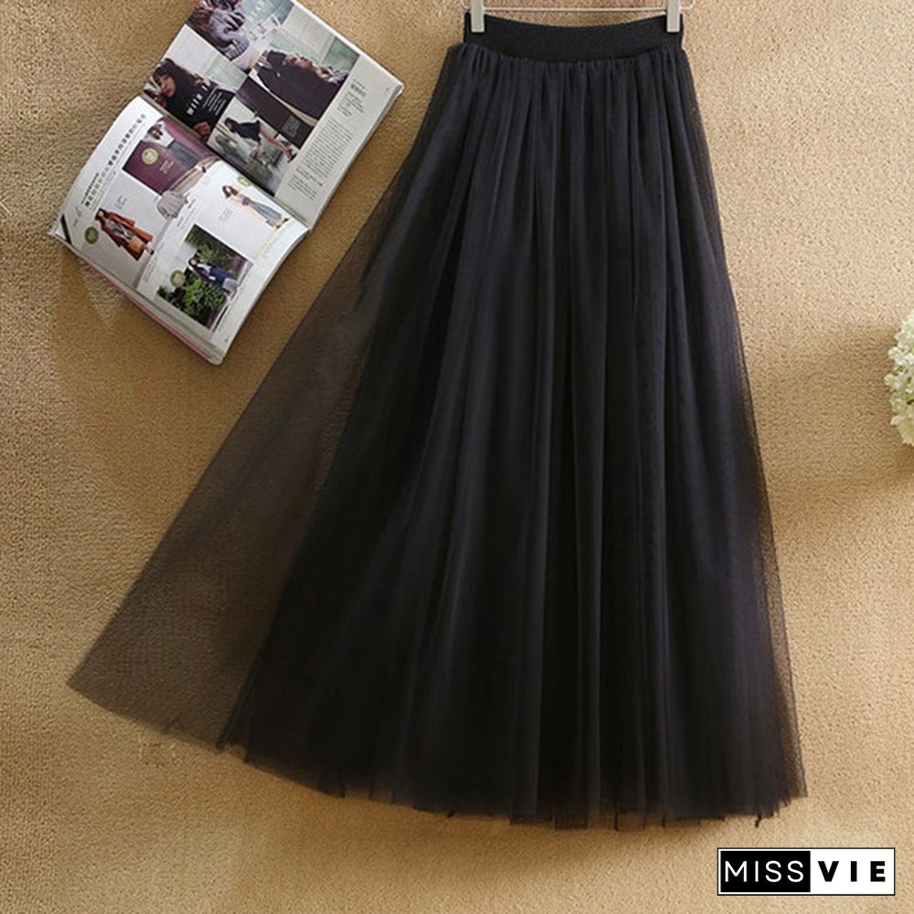 Tulle Skirts Women Summer Elastic High Waist Long Mesh Skirt Womens Tutu Maxi Pleated Skirt