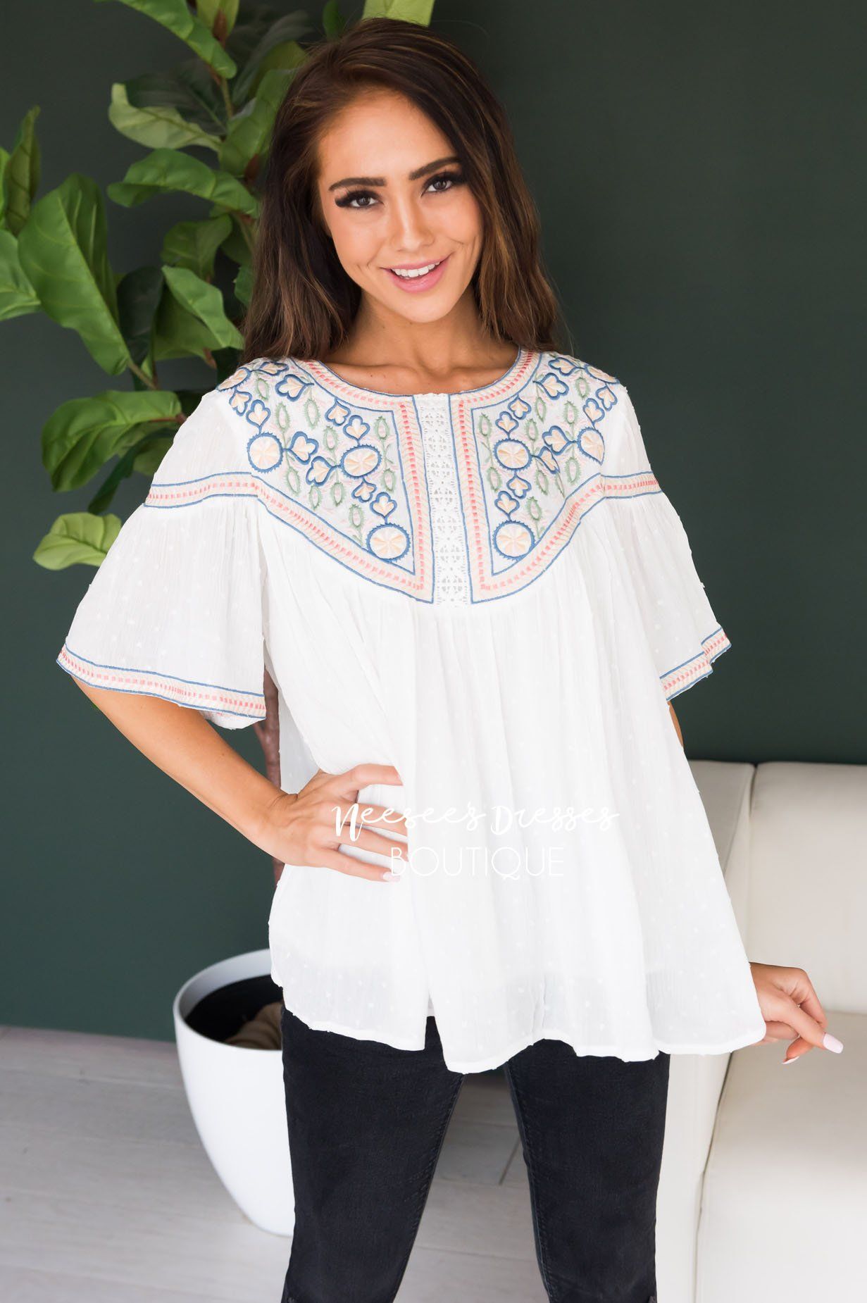 It's Go Time Modest Embroidered Blouse