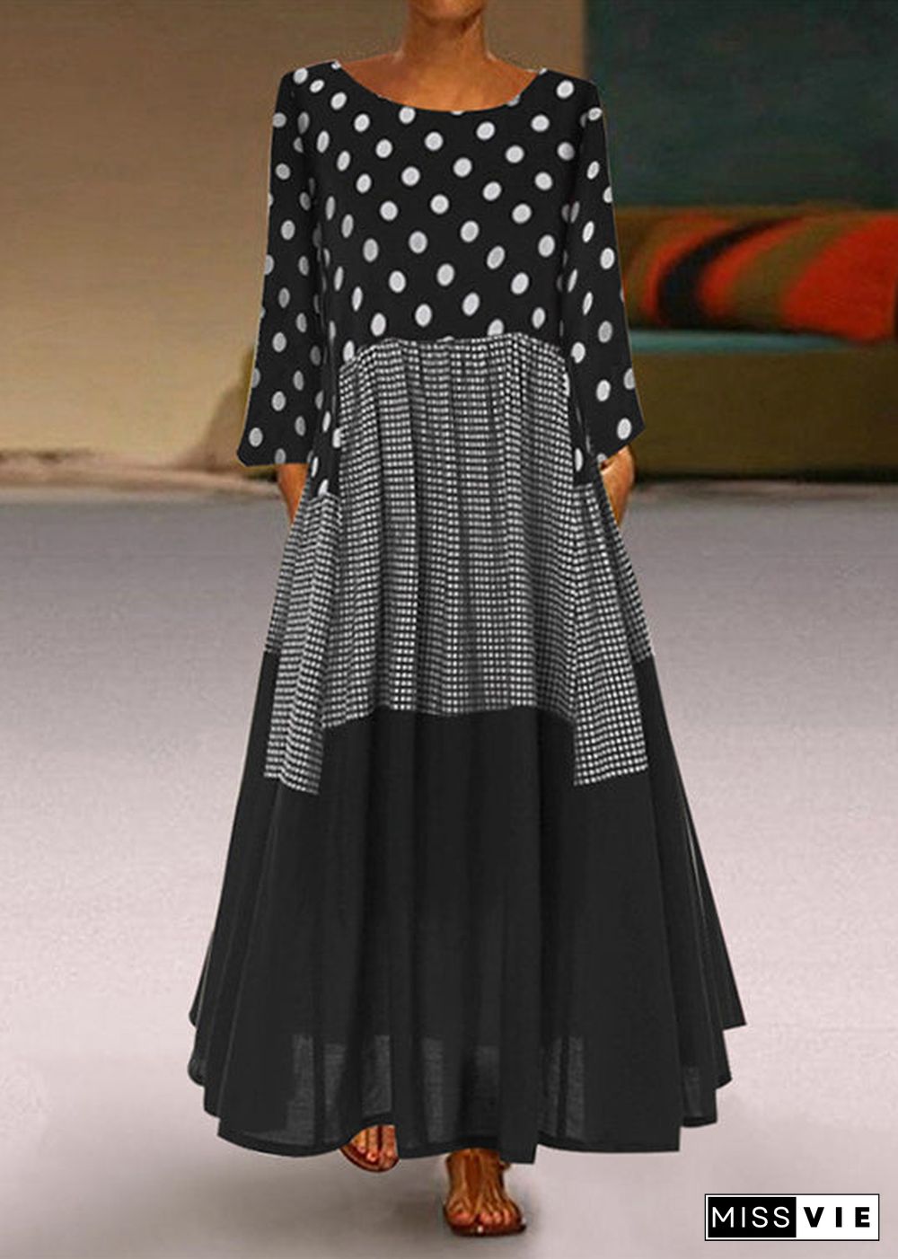 Round Neck Polka Dot long Sleeve Dress Black