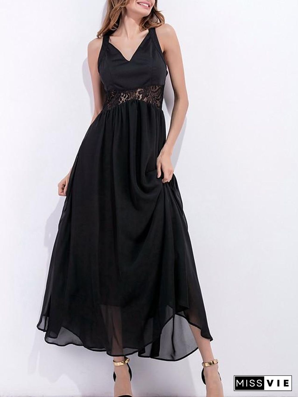 Women's A Line Dress Maxi long Dress Black Sleeveless Solid Color Summer V Neck Work Sexy S M L XL Black Dresses