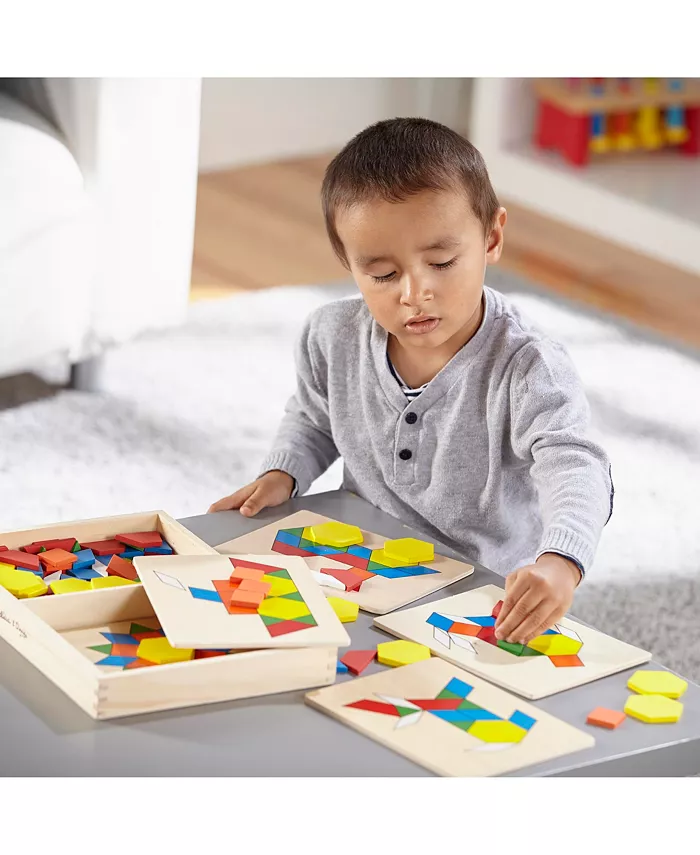 Melissa and Doug Melissa and Doug Pattern Blocks and Boards - Classic Toy With 120 Solid Wood Shapes and 5 Double-Sided Panels  Multi-Colored Animals Puzzle