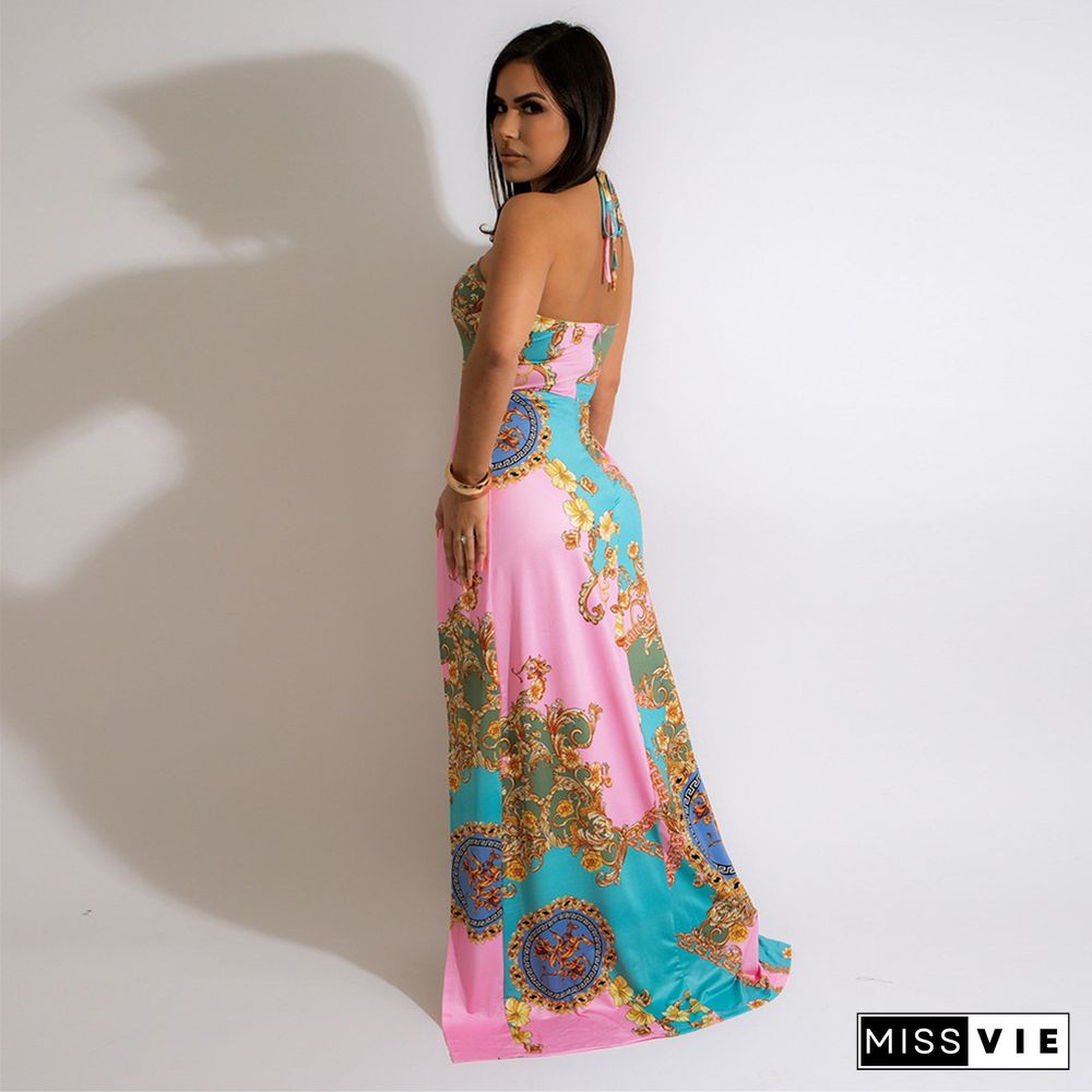 Vintage Pattern Printed High Slit Backless Maxi Dress