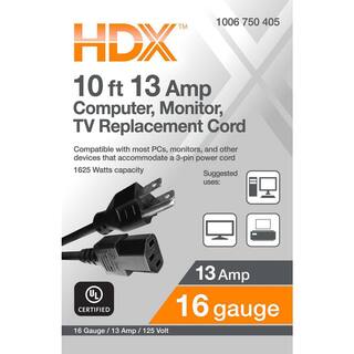 HDX 10 ft. 163 Light Duty Computer Monitor TV Replacement Cord Black SJT16310COMP