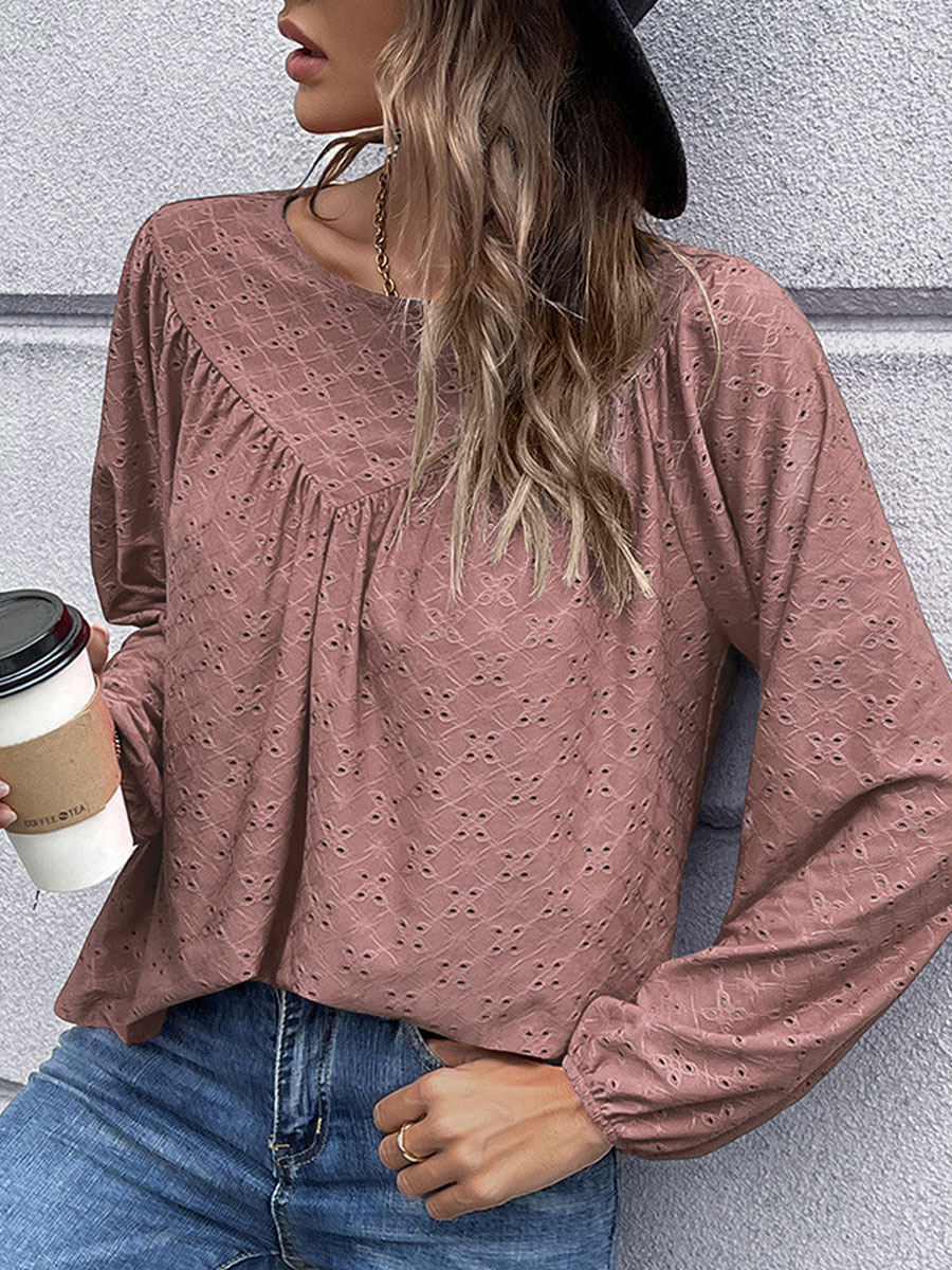 Round Neck Casual Loose Hollow Embroidered Long Sleeve Blouse