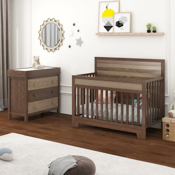 3 Pieces Nursery Sets Baby Crib and Changer Dreeser with Removable Changing Tray - - 37797197