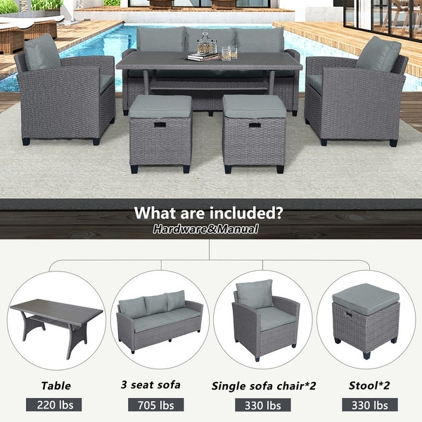 6 Pcs Patio Sofa Chair Set with Table and Cushions，Grey