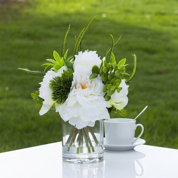 Enova Home Mixed Artificial Silk Cream Peony and Greenery Faux Flowers Arrangement in Cylinder Glass Vase with Faux Water