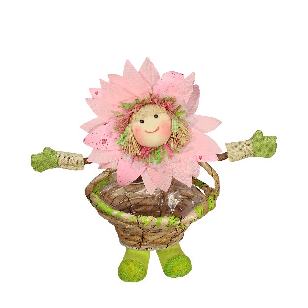 Pink Green And Tan Spring Floral Sunflower Girl With Basket Decorative Figure