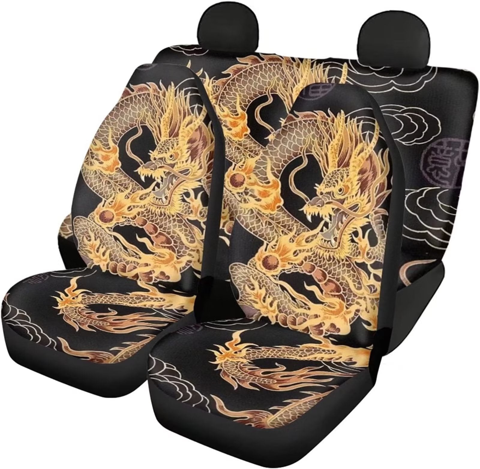 FKELYI Golden Dragon Pattern Car Seat Covers，Easy to Install and Clean 2pcs Split Bench Seat Covers+2pcs Rear Bottom Bench Covers Protectors Set for Almost Vehicle Cars