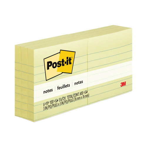 Post-it Original Pads in Canary Yellow， 3 x 3， Lined， 100-Sheet， 6/Pack (6306PK)