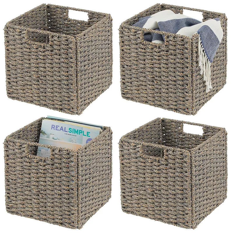 mDesign Seagrass Woven Cube Bin Basket Organizer， Handles， 4 Pack