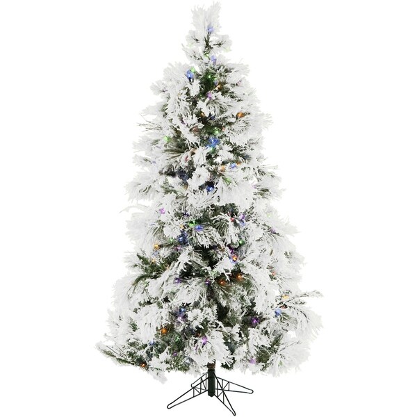 Fraser Hill Farm 9foot Flocked Snowy Pine Christmas Tree with Multicolor LED String Lighting