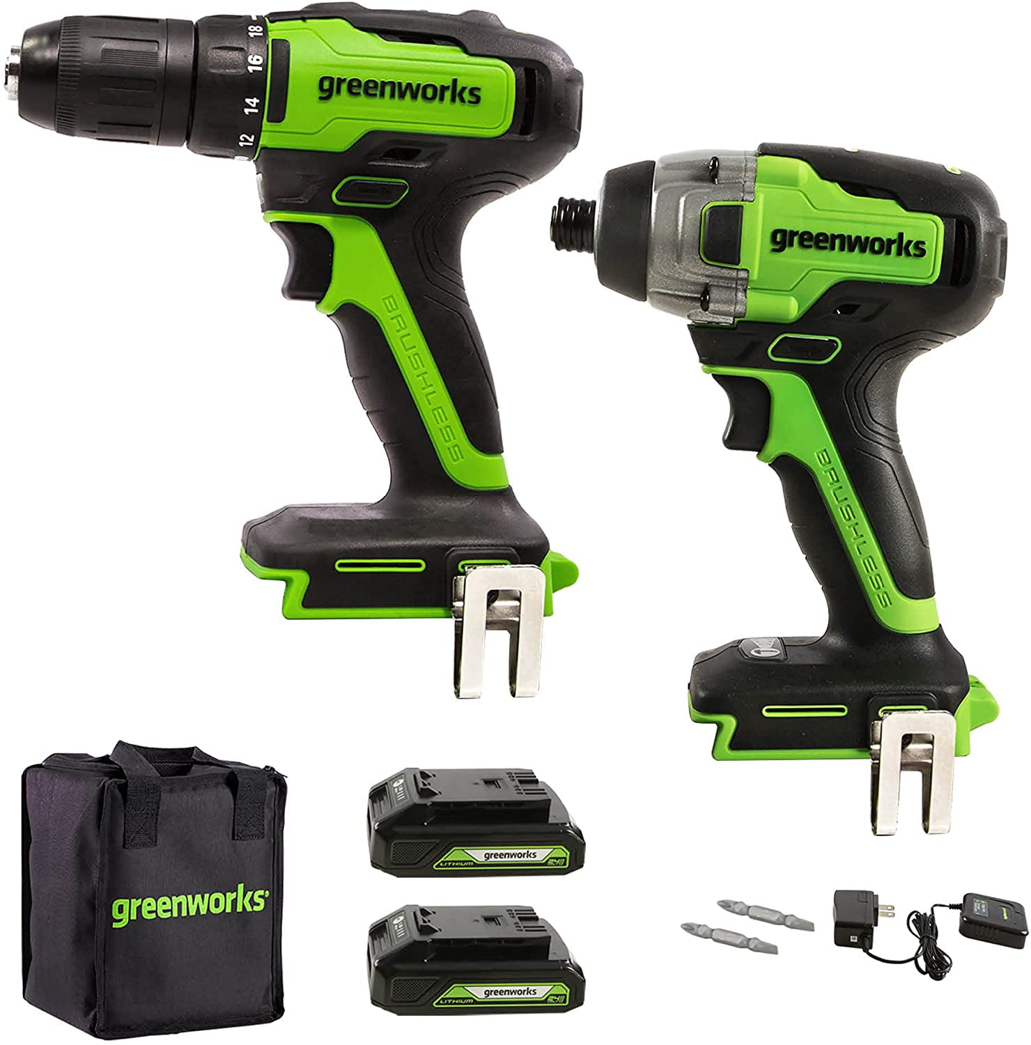 Greenworks 24V Brushless Drill/Driver + Impact/Driver Combo Kit， (2) USB (Power Bank) Batteries， Charger， (2) Driving Bits， and Tool Bag， 1307502AZ