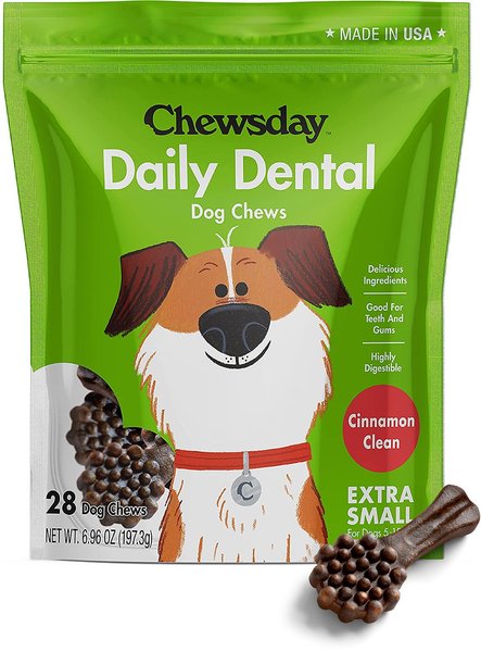 Chewsday Cinnamon Clean Daily Dental Dog Dental Treats， 28 count， X-Small