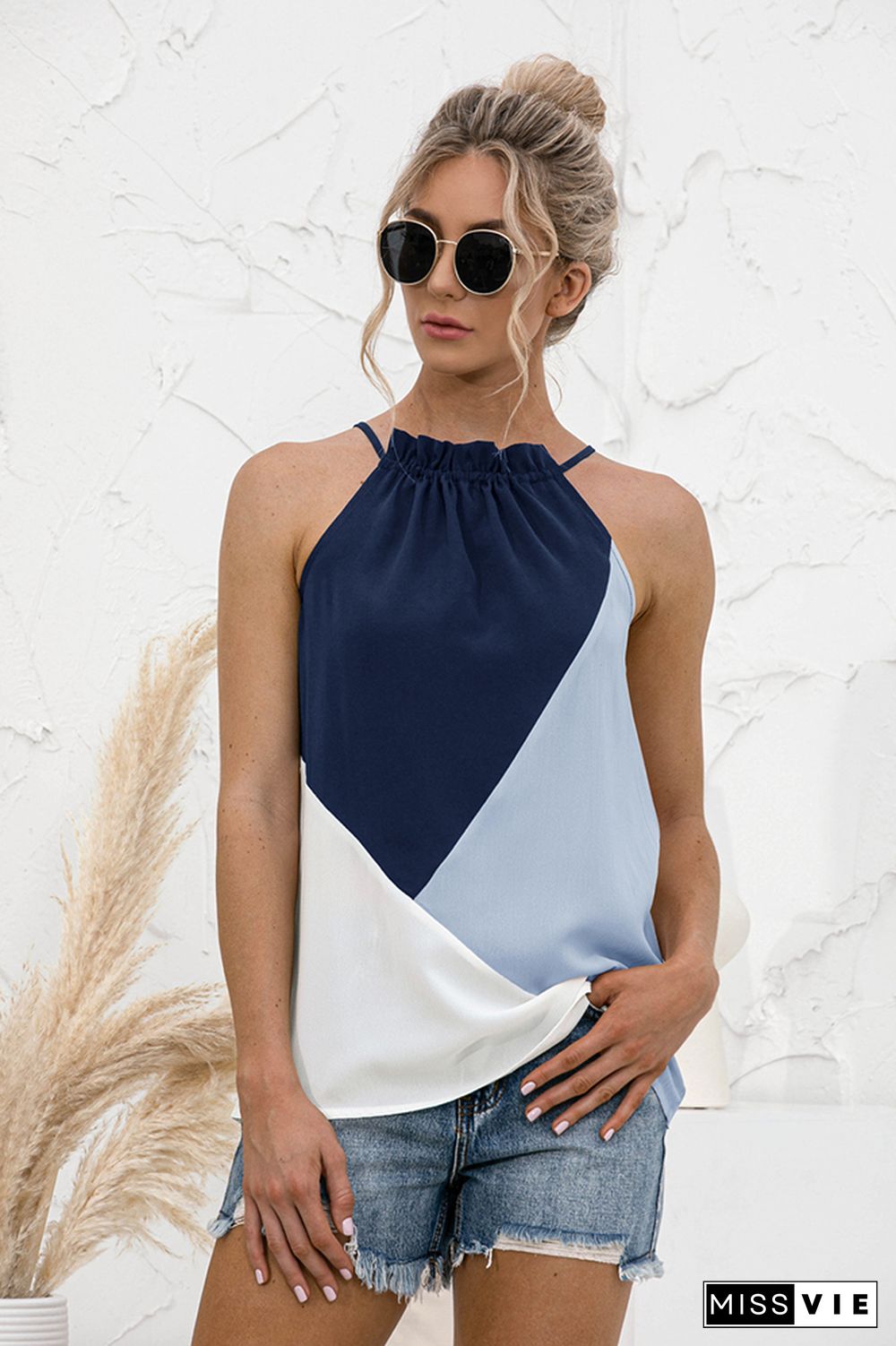 Color Block Halter Sleeveless Tank Top