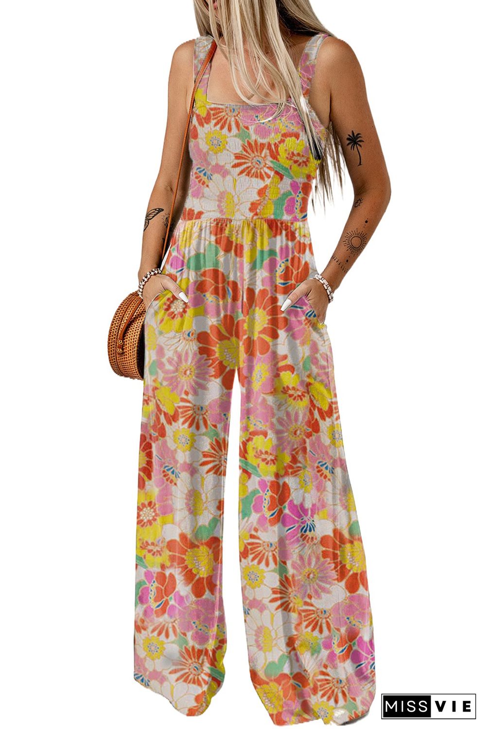 Multicolor Floral Print Shirred Sleeveless Wide Leg Jumpsuit