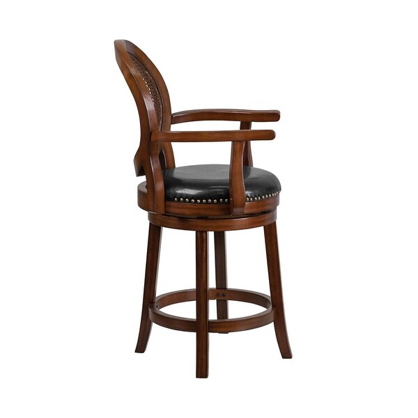 Offex 26'' High Expresso Wood Counter Height Stool with Arms， Woven Rattan Back and Black LeatherSoft Swivel Seat - N/A