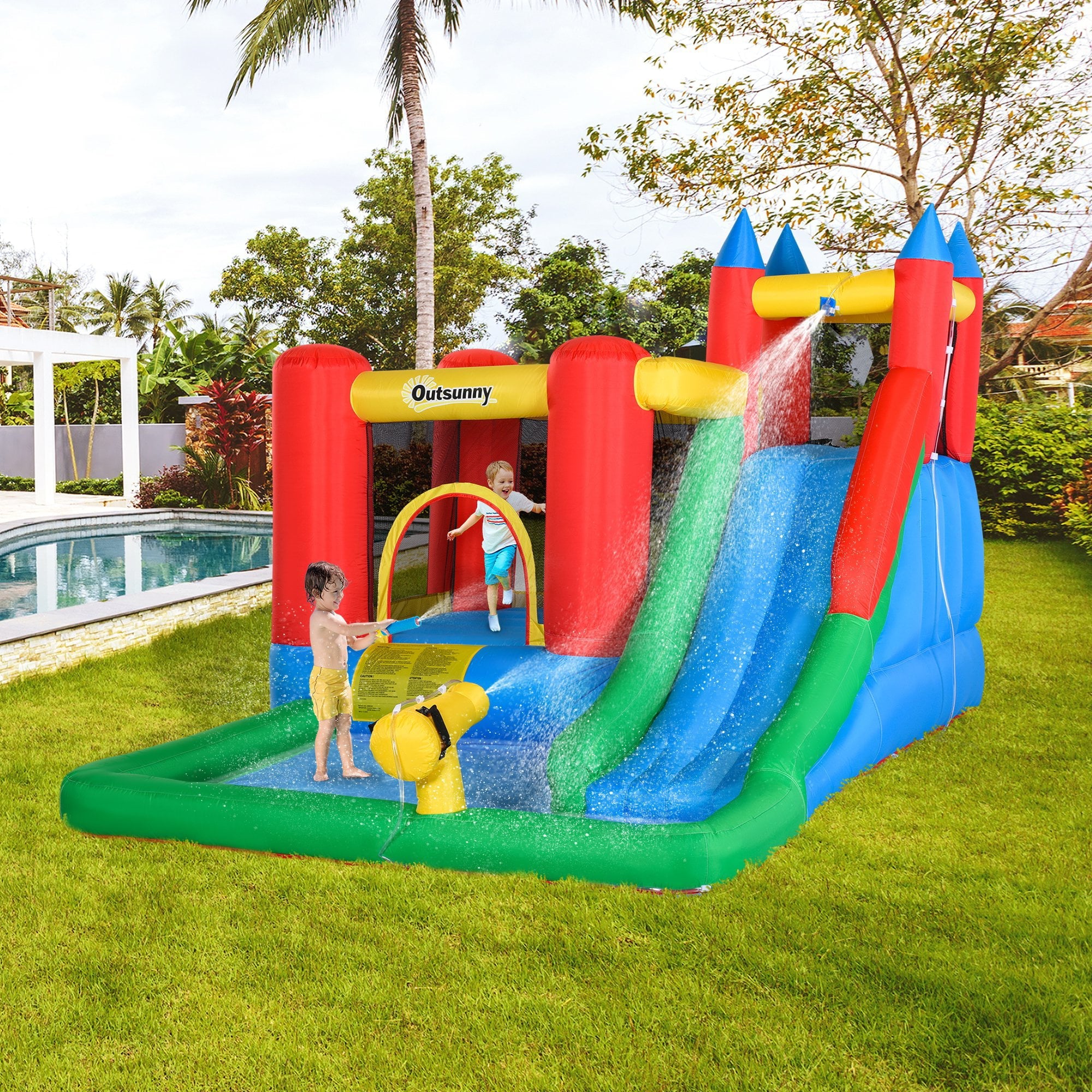 IKAYAA 6-in-1 Kids Inflatable House Jumping Castle with Slide, Water Pool, & Climbing Wall, Inflator Included