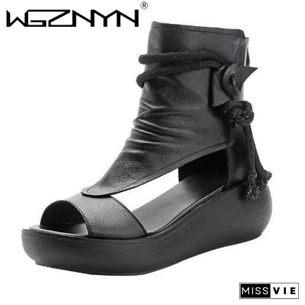 Hot New Summer Black Women Leather Sandals Cool Boots Platform Shoes Wedges Sandals Women Shoes Fashion Outdoor Sandals