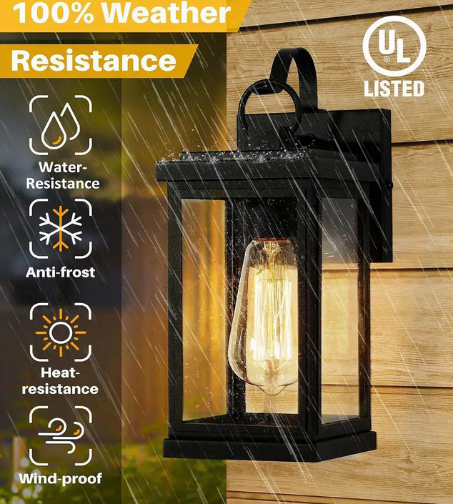 Modern Matte Black 1-Light Outdoor Wall Light Classic Porch Sconce with Seeded Glass Shade Patios Exterior Wall Lamp