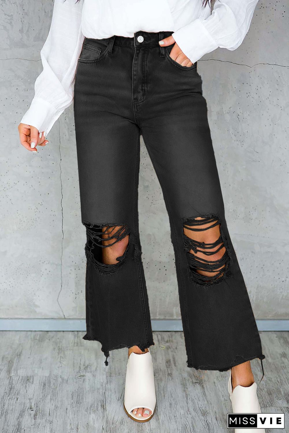 Distressed Hollow-out High Waist Cropped Flare Jeans