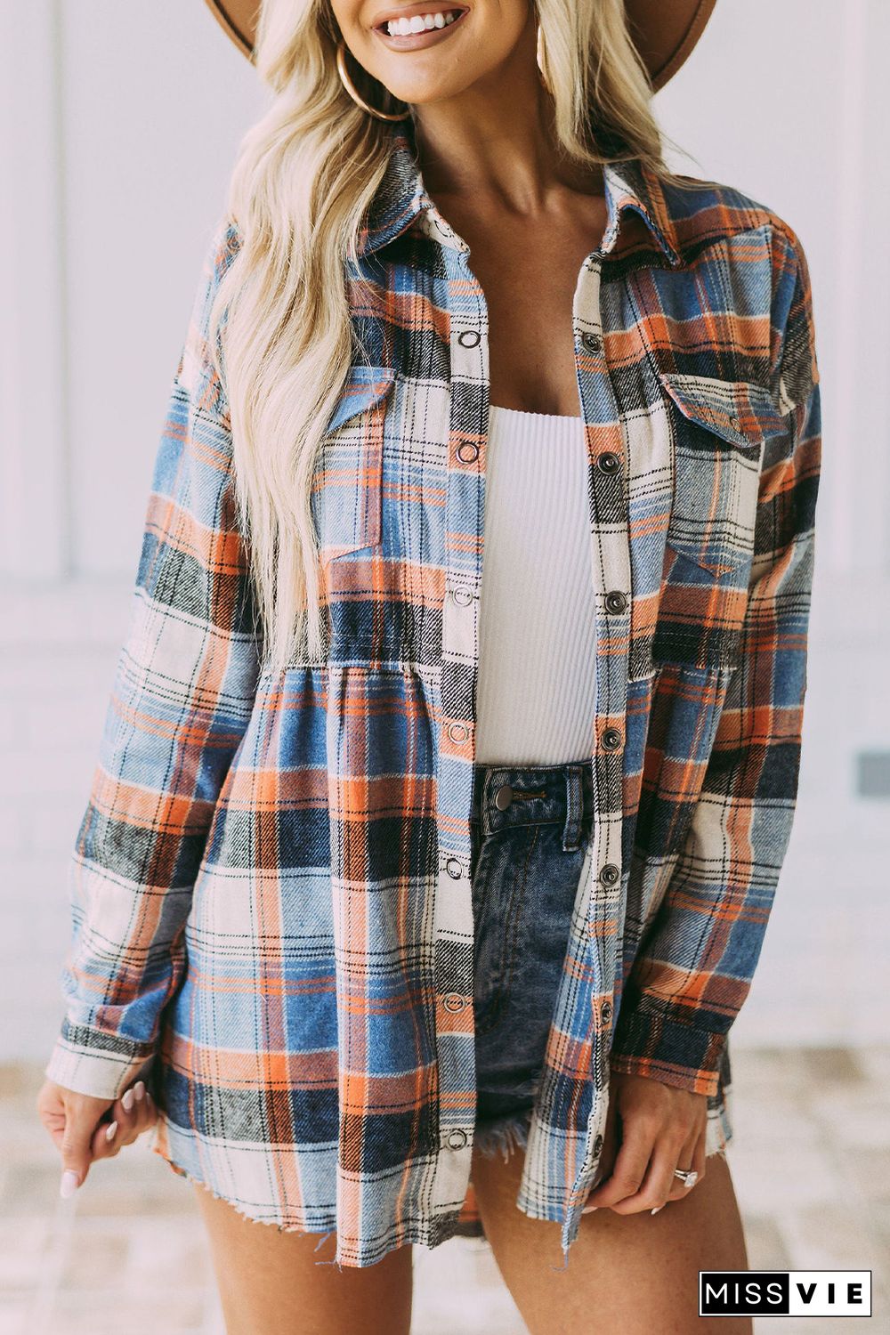 Multicolor Plaid Button Down Ruffled Shirt Jacket