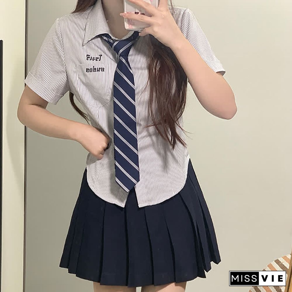 Letter Embroidery Stripe Tie Polo T-Shirt Pleated Skirt JK Uniform