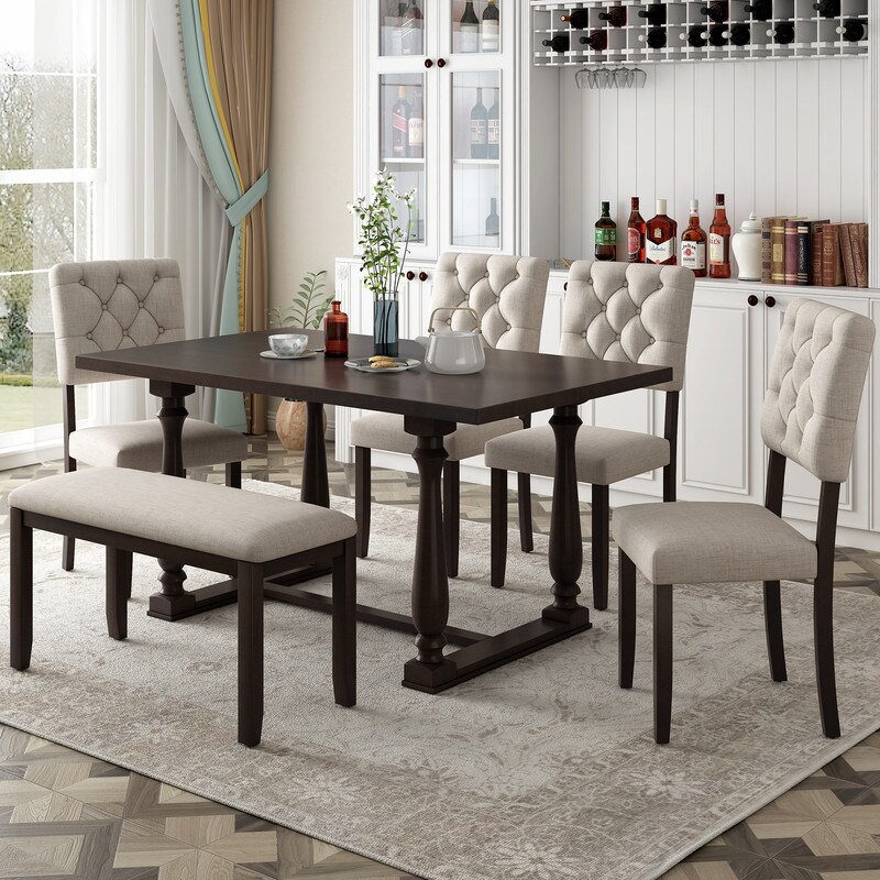 6 Piece Dining Table and Chair Set with Special shaped Legs and Foam covered Seat Backs   Cushions