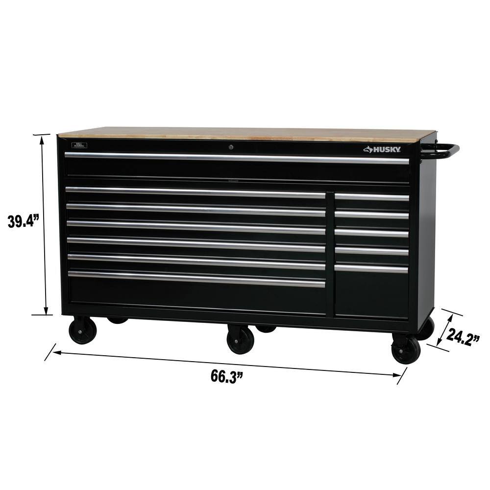 Husky 66 in. W x 24 in. D Standard Duty 12-Drawer Mobile Workbench Tool Chest with Solid Wood Top in Gloss Black 76812A24