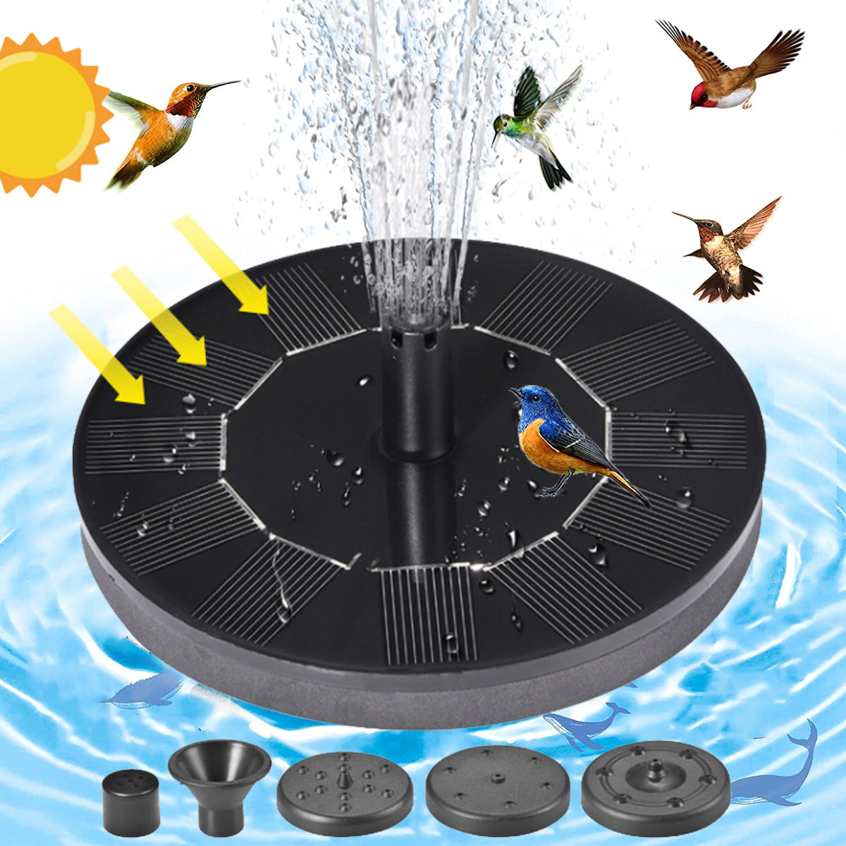 Duomishu Solar Fountain 5 Nozzle Solar Powered Pump 7V 1W Outdoor Solar Panel Kit Floating Water Pump