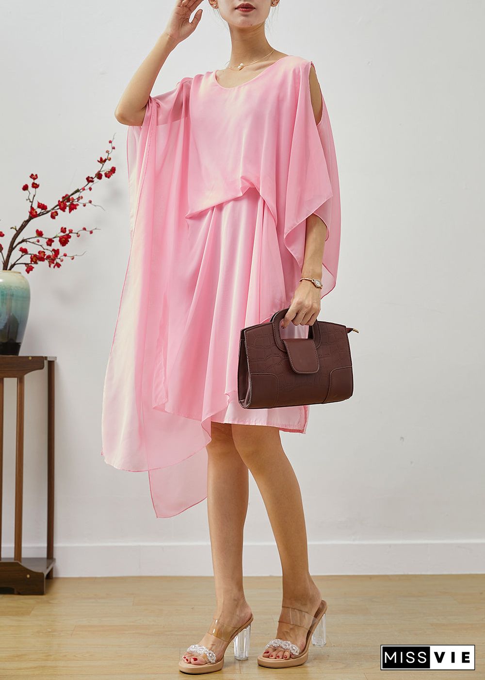 Boho Pink Asymmetrical Cold Shoulder Chiffon Beach Dresses Summer