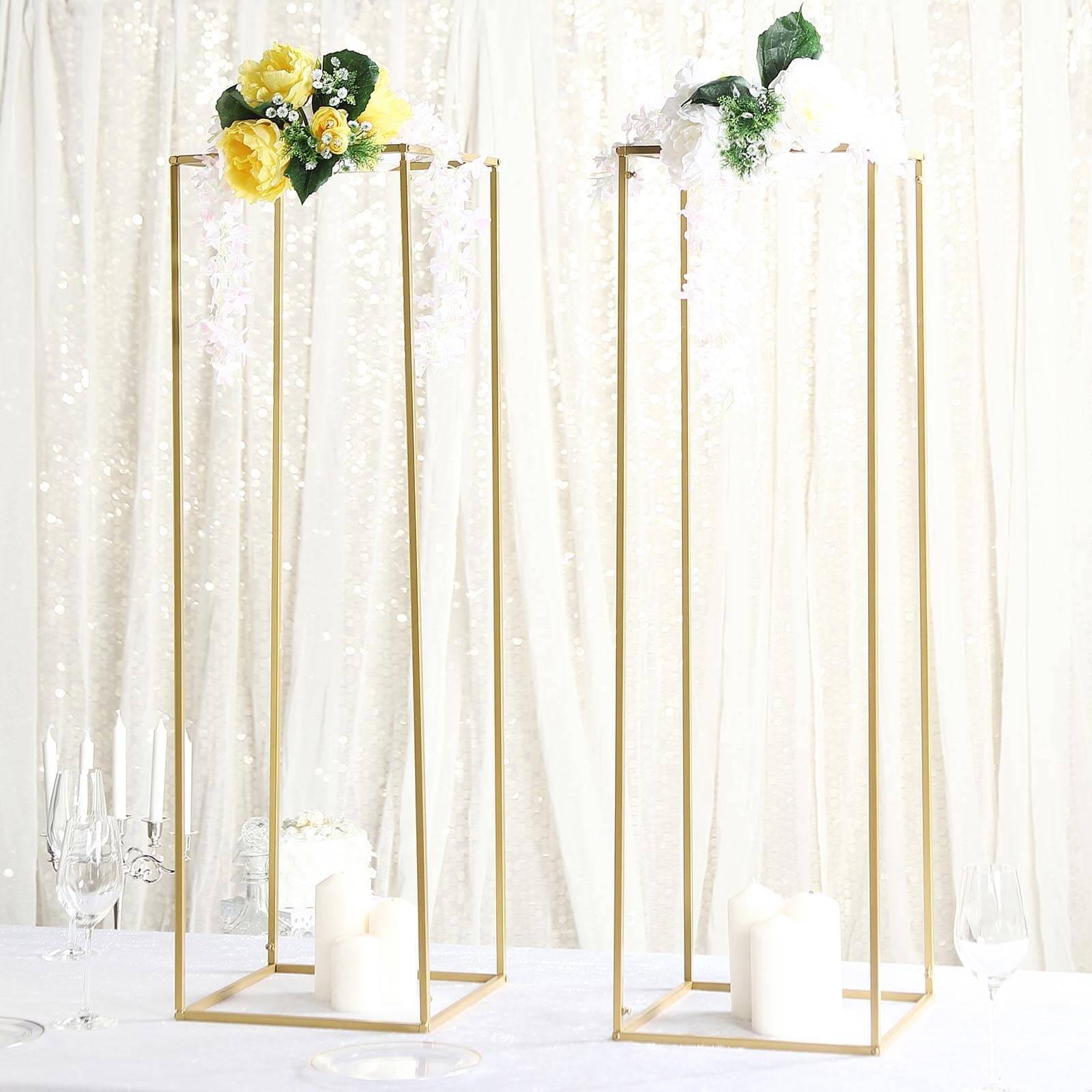 2 Pack Rectangular Gold Metal Wedding Flower Stand, Geometric Column Frame Centerpiece 40