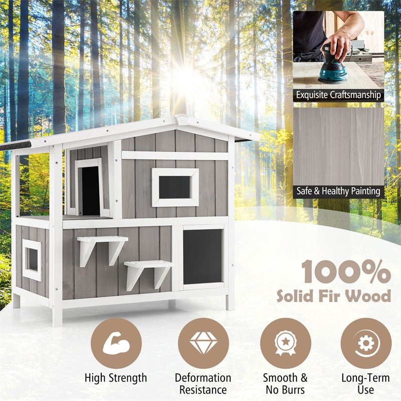 2-Story Outdoor Cat House Weatherproof Wooden Feral Cat Shelter Kitten Condo Cage Furniture with Escape Door Balcony & 2 Jumping Platforms