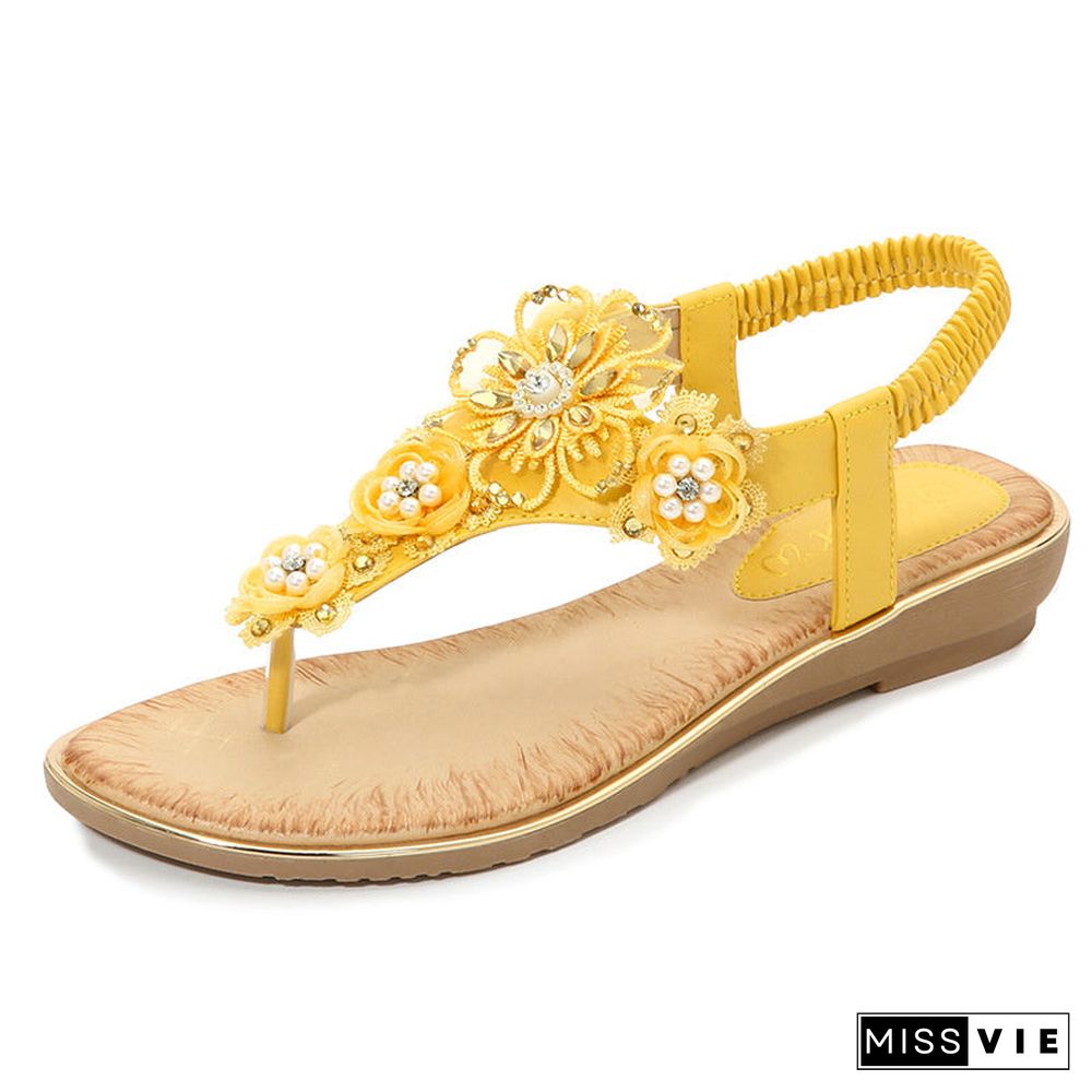 Women Rhinestone Floral Comfy Sole Beach Thong Sandals Shoes