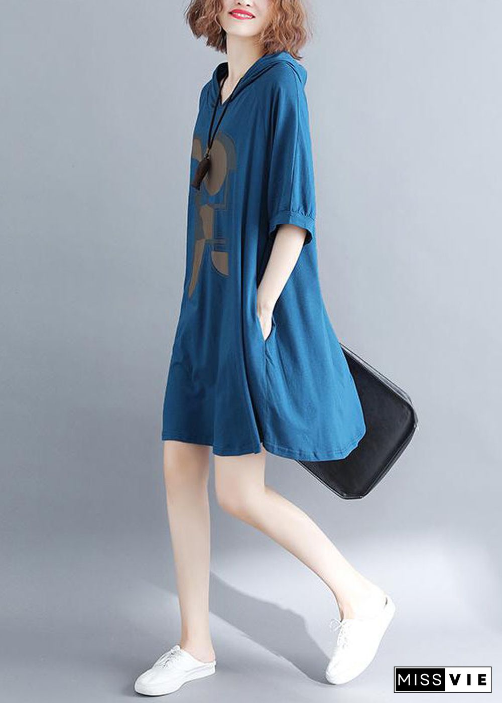 Plus Size Blue Hooded Print Cotton Sweatshirt Dress Summer