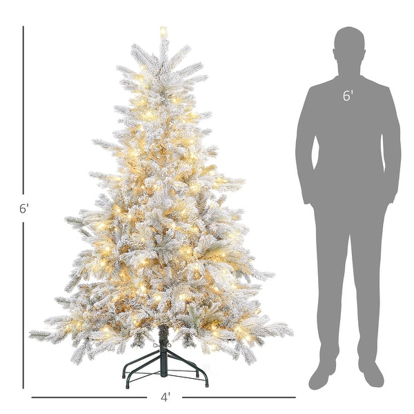 HOMCOM 6ft Prelit Snow Flocked Artificial Christmas Tree with Warm White LED Light and 1321 Tips，Metal Base