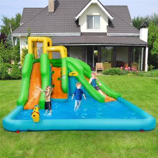 Costway Inflatable Water Park Bounce House 2-Slide Bouncer with Climbing Wall and 480-Watt Blower OP3800+EP21657